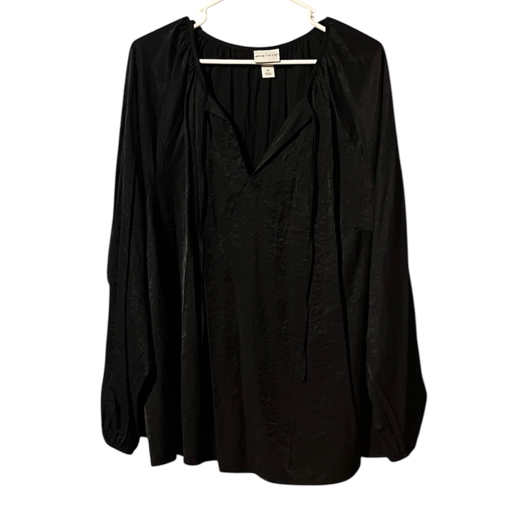 Ava & Viv Black Balloon Sleeves Tie V-Neck Blouse